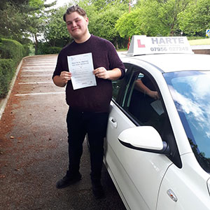 Happy young man at Chesterfield test centre.